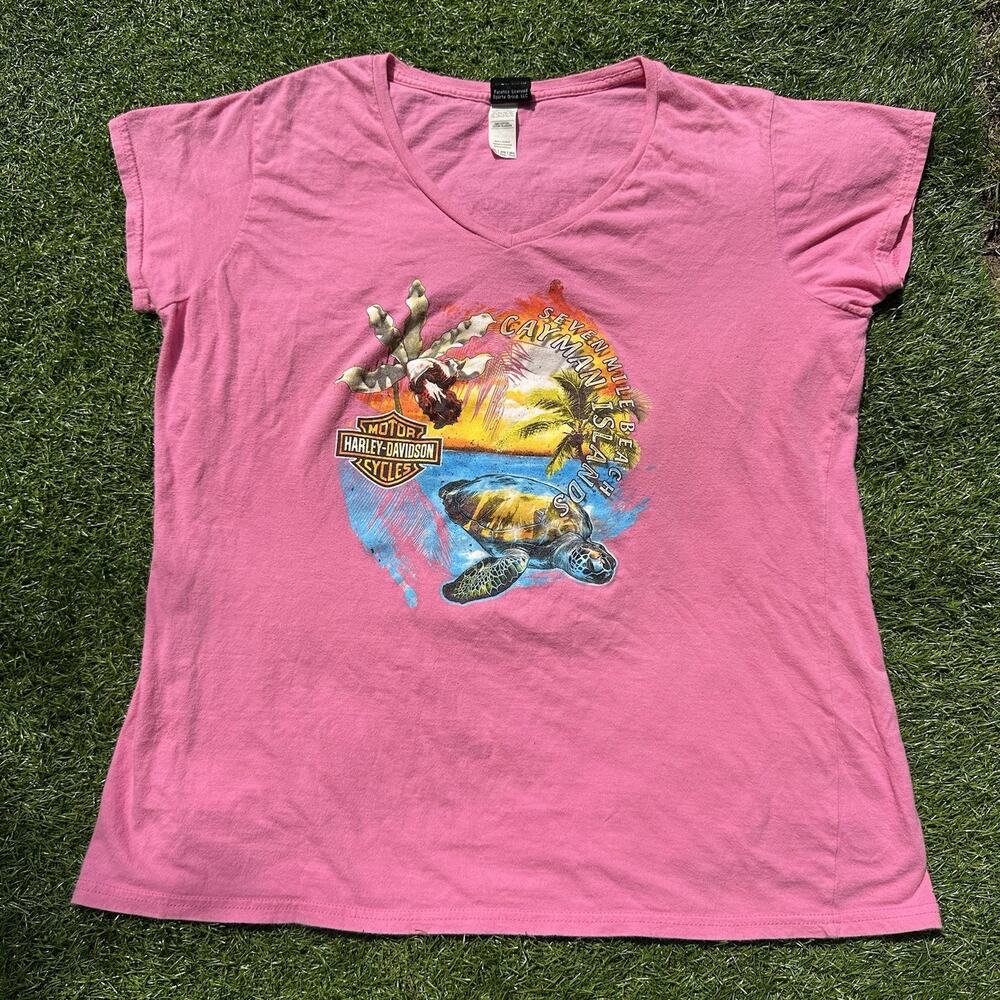 Harley Davidson Shirt Womens Size 2XL Cayman Island Seven Mile Beach Pink Turtle